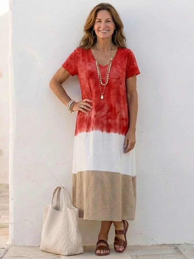 Women's color-block knit midi dress with V-neck short-sleeve – Red