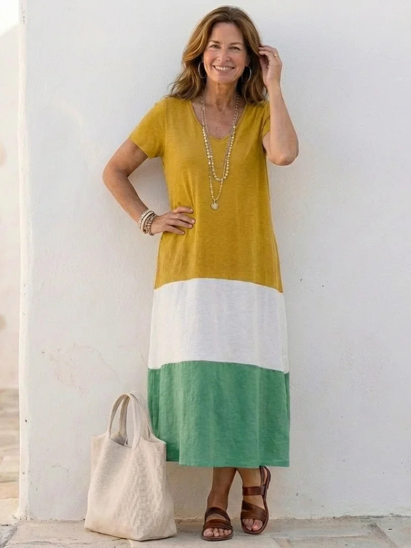 Women's color-block knit midi dress with V-neck short-sleeve – Yellow