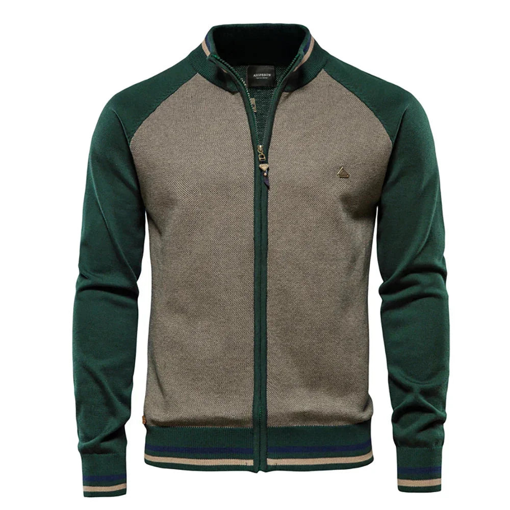 Women's color-block knit raglan-sleeve sweater with full-zip stand-collar