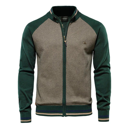 Women's color-block knit raglan-sleeve sweater with full-zip stand-collar