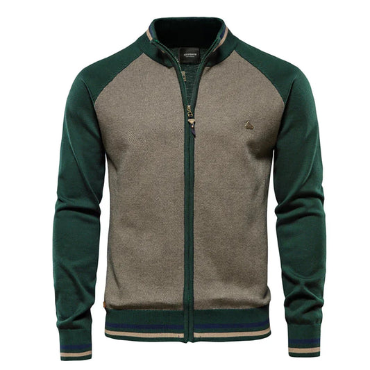 Women's color-block knit raglan-sleeve sweater with full-zip stand-collar