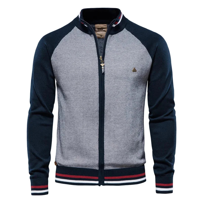Women's color-block knit raglan-sleeve sweater with full-zip stand-collar – Blue