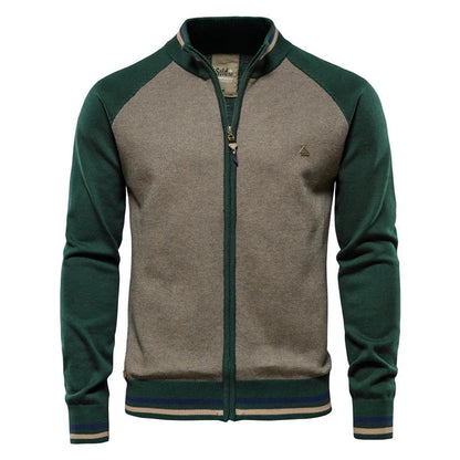 Women's color-block knit raglan-sleeve sweater with full-zip stand-collar – Green