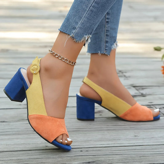 Women's color-block suede open-toe block-heel sandals with adjustable slingback strap