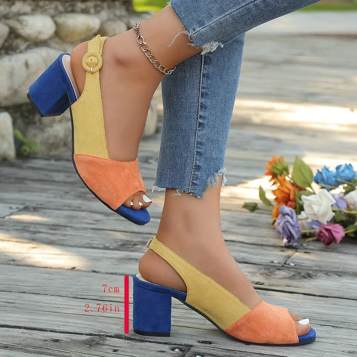 Women's color-block suede open-toe block-heel sandals with adjustable slingback strap