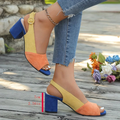 Women's color-block suede open-toe block-heel sandals with adjustable slingback strap