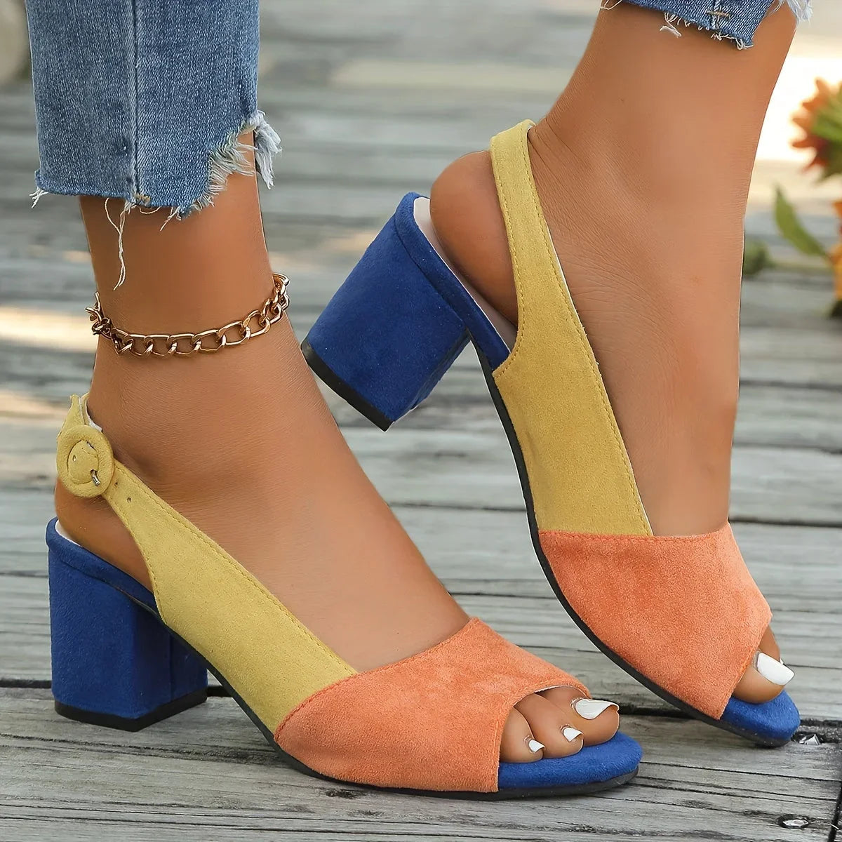 Women's color-block suede open-toe block-heel sandals with adjustable slingback strap