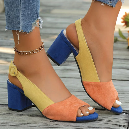 Women's color-block suede open-toe block-heel sandals with adjustable slingback strap