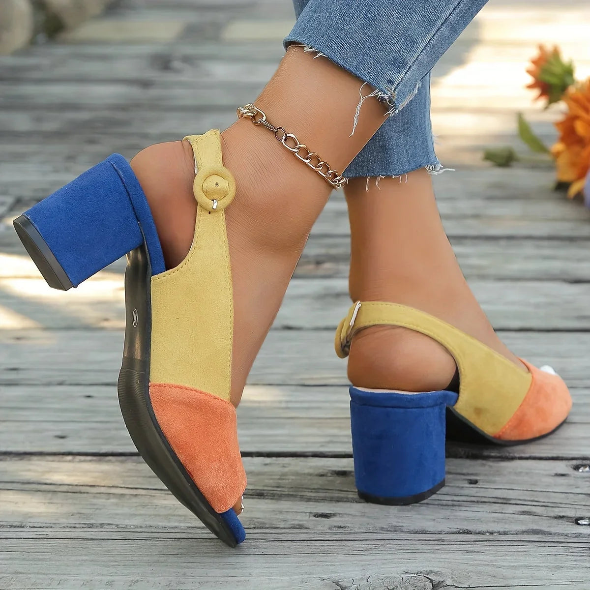 Women's color-block suede open-toe block-heel sandals with adjustable slingback strap