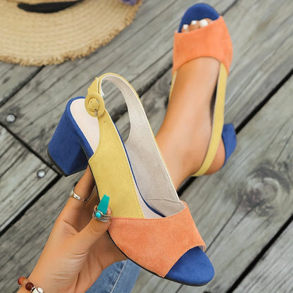Women's color-block suede open-toe block-heel sandals with adjustable slingback strap – Colorful