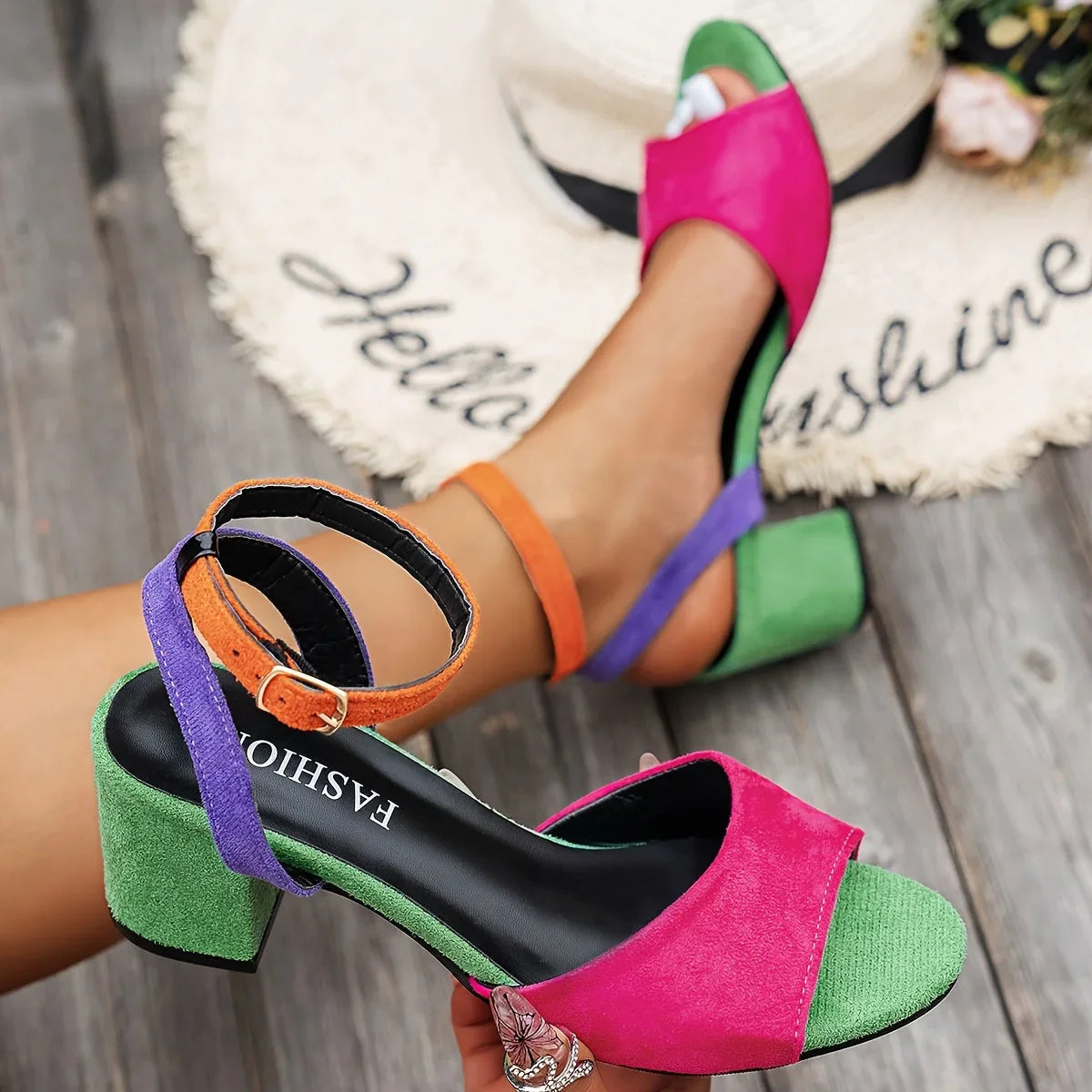 Women's color-block suede open-toe block-heel sandals with adjustable slingback strap – Dark Pink