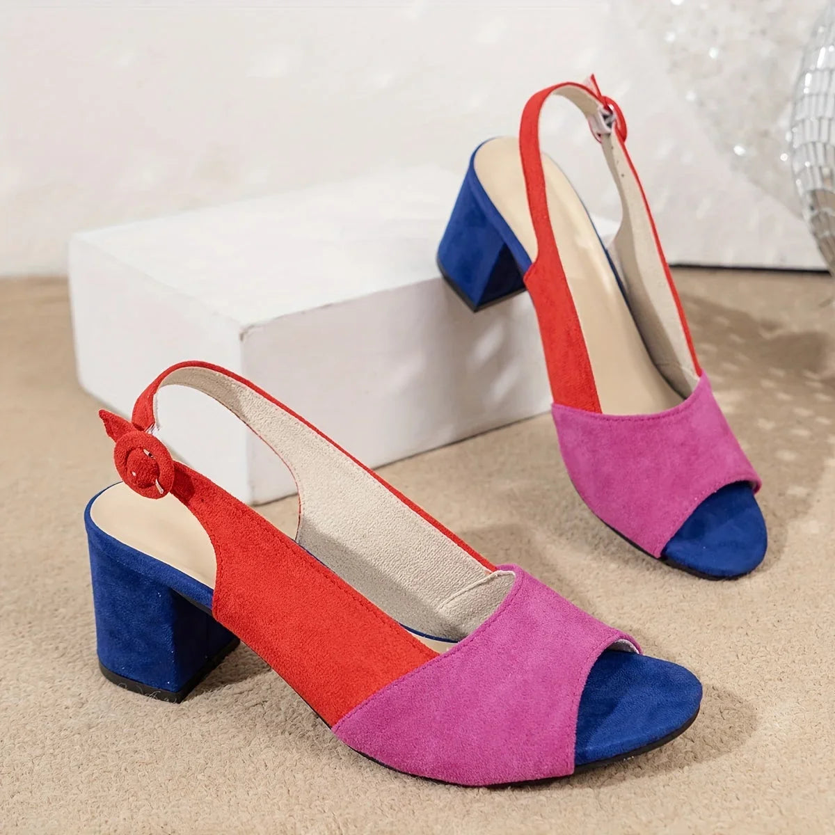 Women's color-block suede open-toe block-heel sandals with adjustable slingback strap – Red