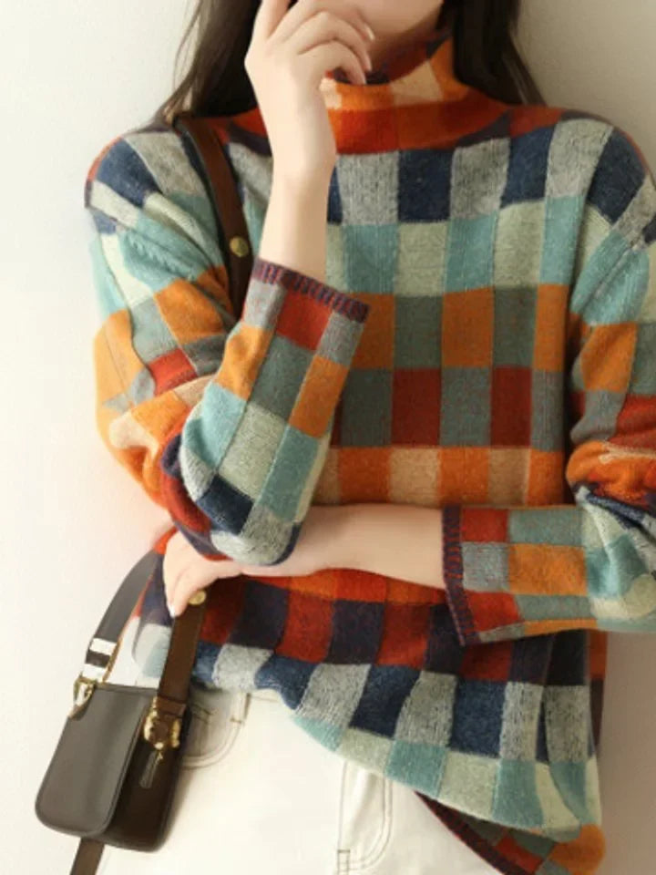 Women's colorblock turtleneck knit sweater relaxed pullover – Multicolor