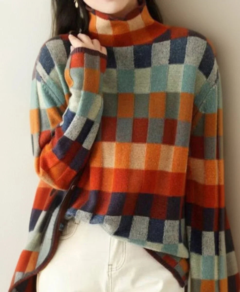 Women's colorblock turtleneck knit sweater relaxed pullover – Multicolor