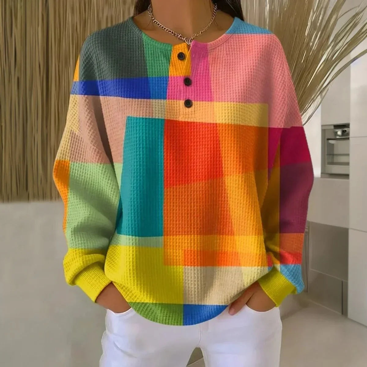 Women's colorblock waffle-knit long sleeve Henley sweater – Multicolor