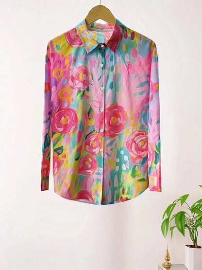 Women's colorful artistic floral long sleeve loose fit blouse with button-front