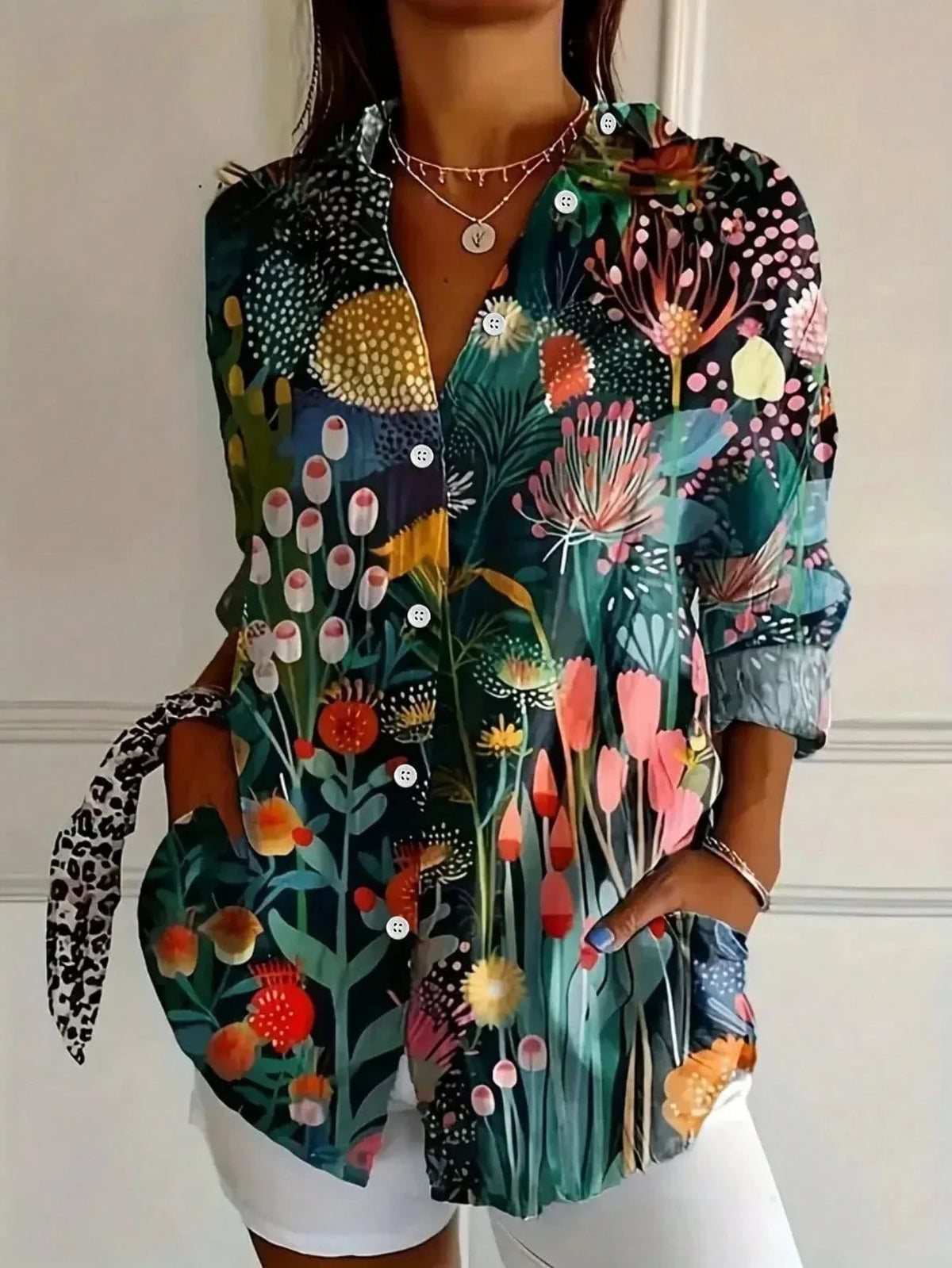 Women's colorful artistic floral long sleeve loose fit blouse with button-front – Green