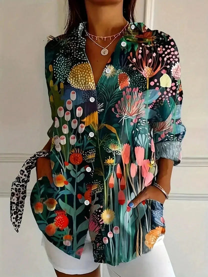 Women's colorful artistic floral long sleeve loose fit blouse with button-front – Green