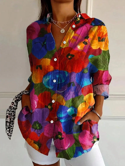 Women's colorful artistic floral long sleeve loose fit blouse with button-front – Mix 2