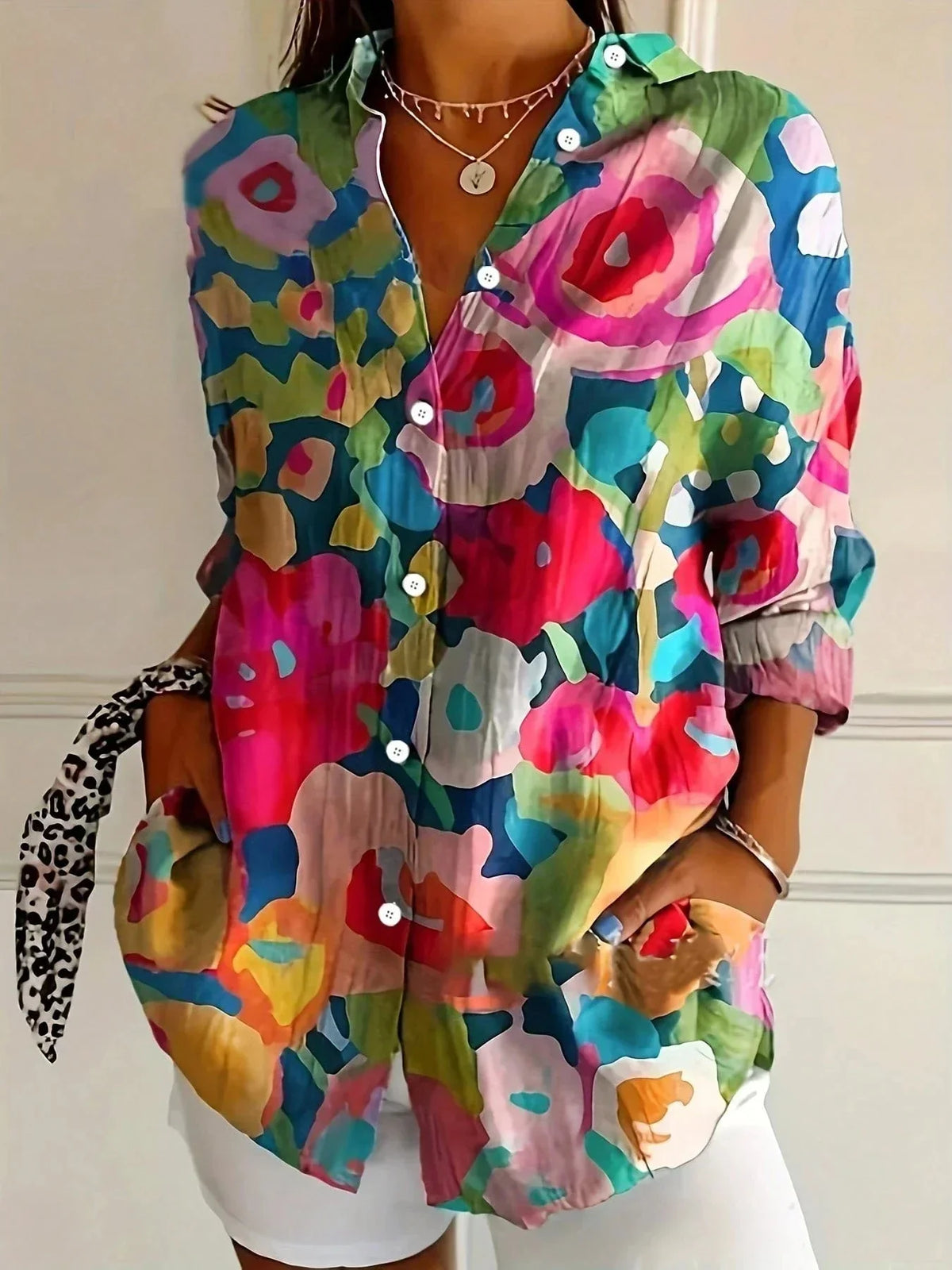 Women's colorful artistic floral long sleeve loose fit blouse with button-front – Mix