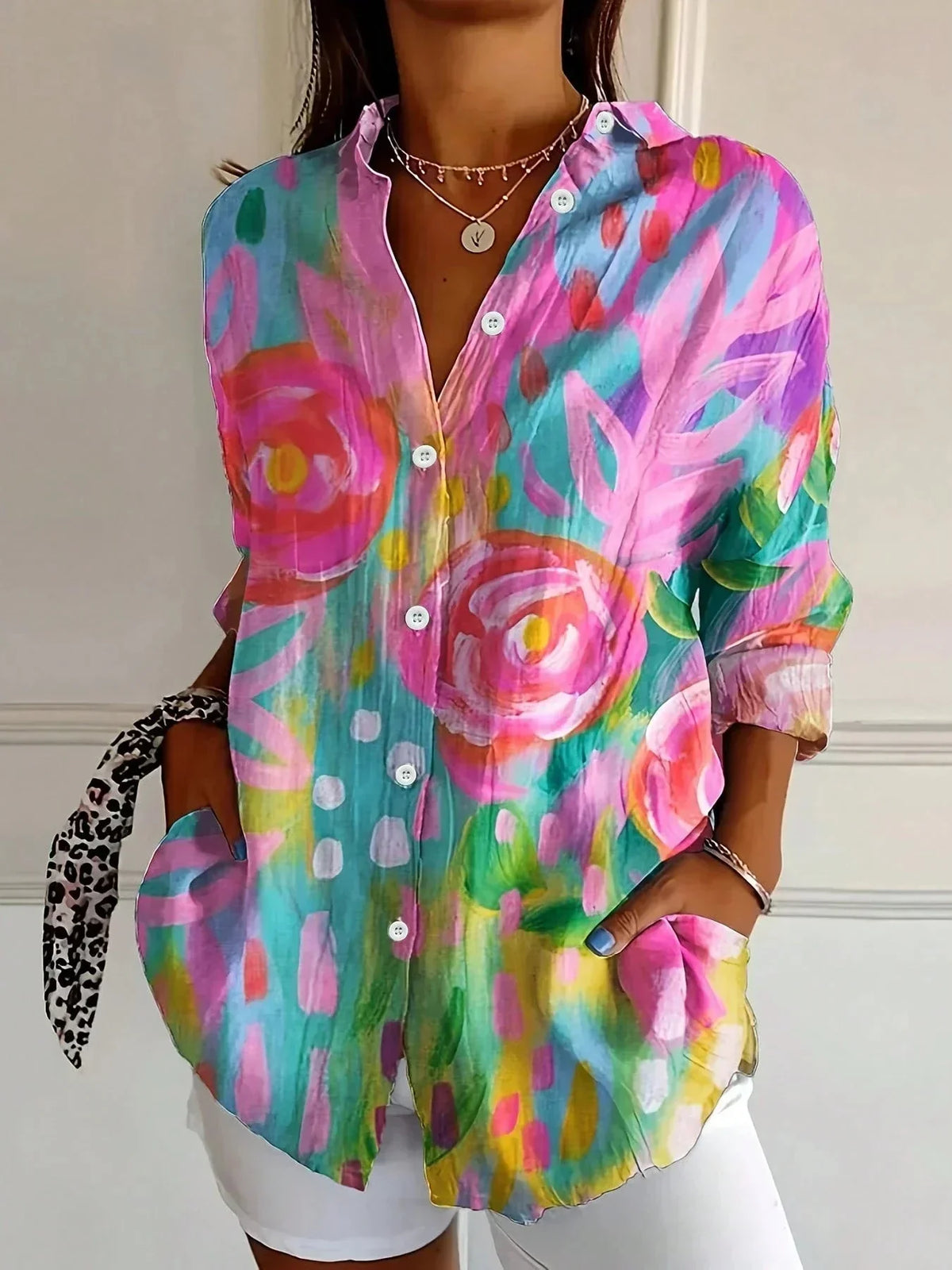 Women's colorful artistic floral long sleeve loose fit blouse with button-front – Pink