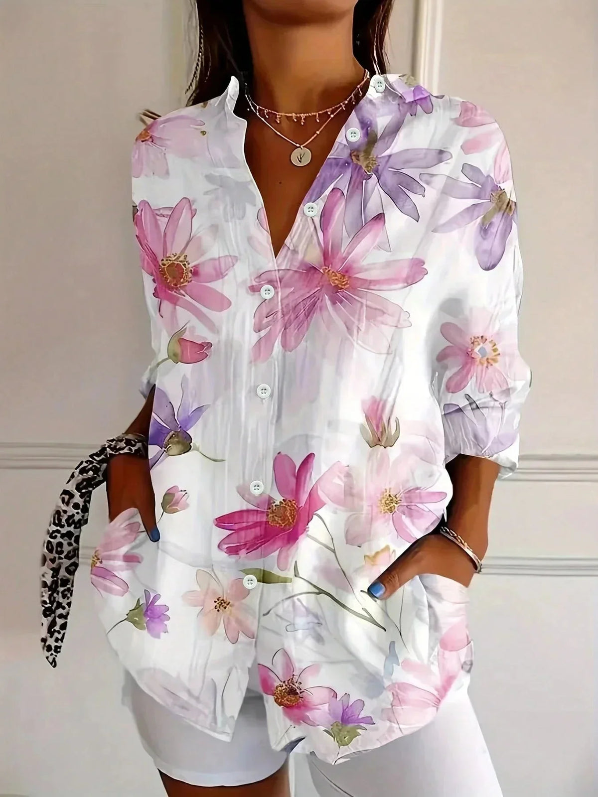 Women's colorful artistic floral long sleeve loose fit blouse with button-front – White