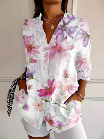 Women's colorful artistic floral long sleeve loose fit blouse with button-front – White