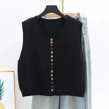 Women's colorful button sleeveless knit sweater vest – Black