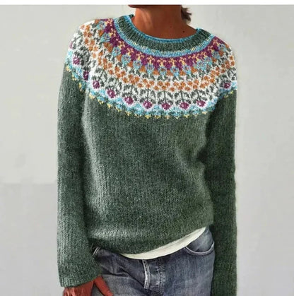Women's colorful Fair Isle pattern knit sweater with boat neck and long sleeves