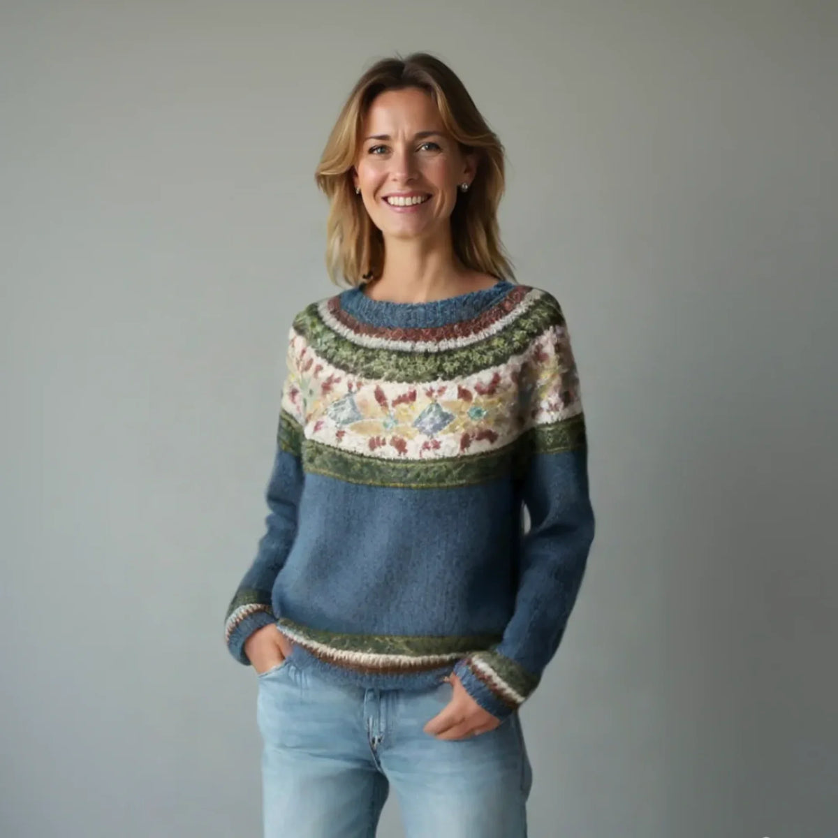 Women's colorful Fair Isle pattern knit sweater with boat neck and long sleeves