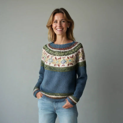 Women's colorful Fair Isle pattern knit sweater with boat neck and long sleeves