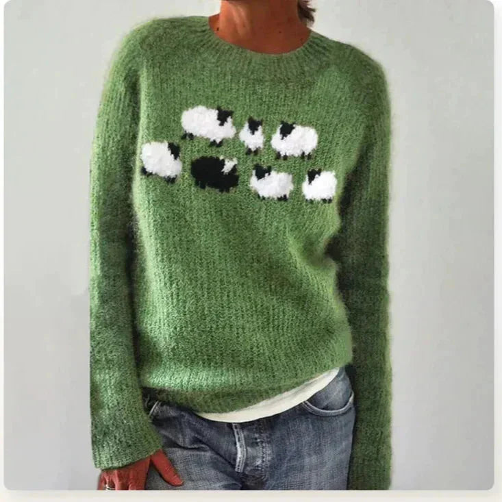 Women's colorful Fair Isle pattern knit sweater with boat neck and long sleeves – Green