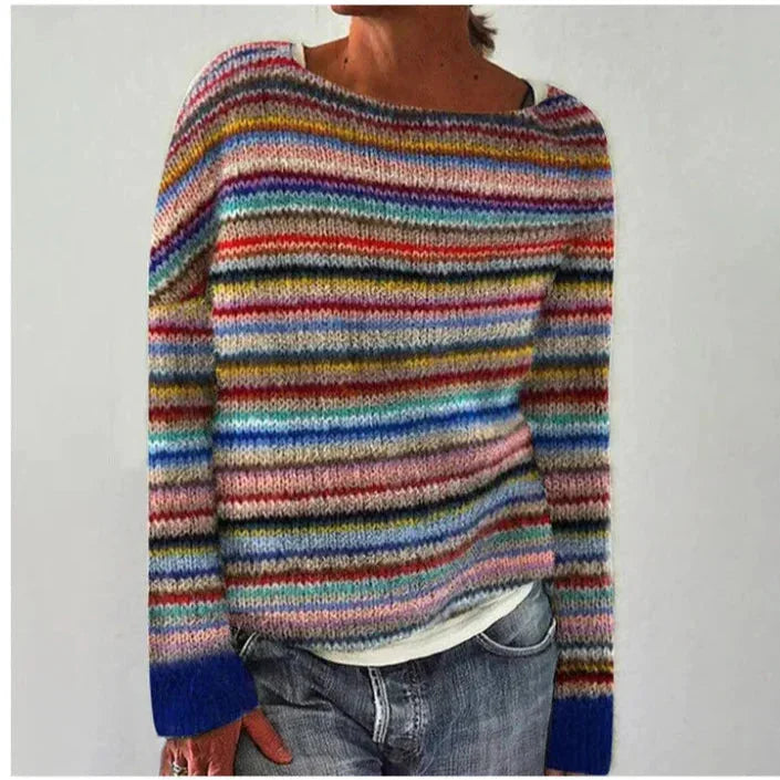 Women's colorful Fair Isle pattern knit sweater with boat neck and long sleeves – Rainbow