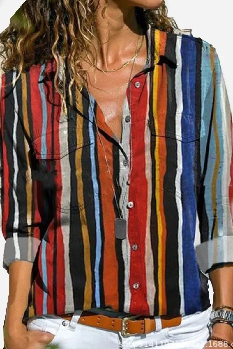 Women's colorful striped long-sleeve button-down shirt with chest pockets – Stripe