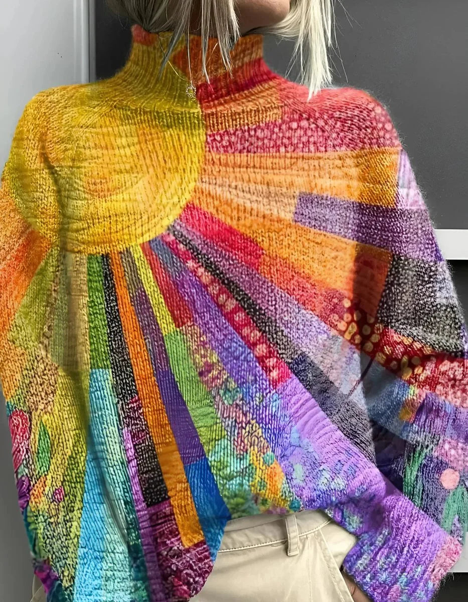 Women's colorful turtleneck pullover sweater relaxed knit – Multicolor