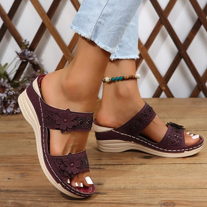 Women's comfort faux suede perforated wedge slides with floral appliqué