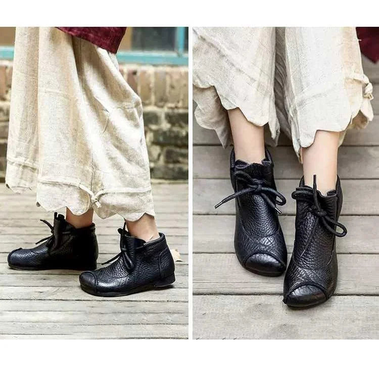 Women's comfort leather ankle boots with fuzzy lining and lace-up closure