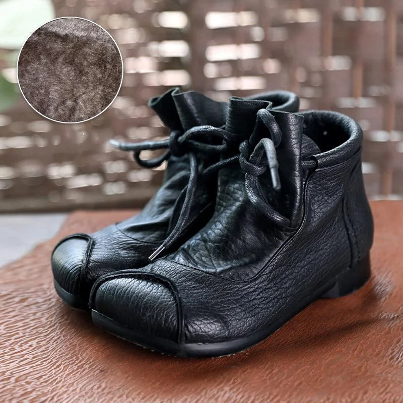 Women's comfort leather ankle boots with fuzzy lining and lace-up closure