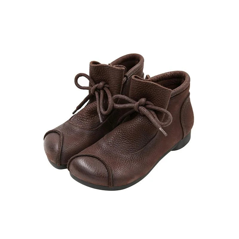 Women's comfort leather ankle boots with fuzzy lining and lace-up closure