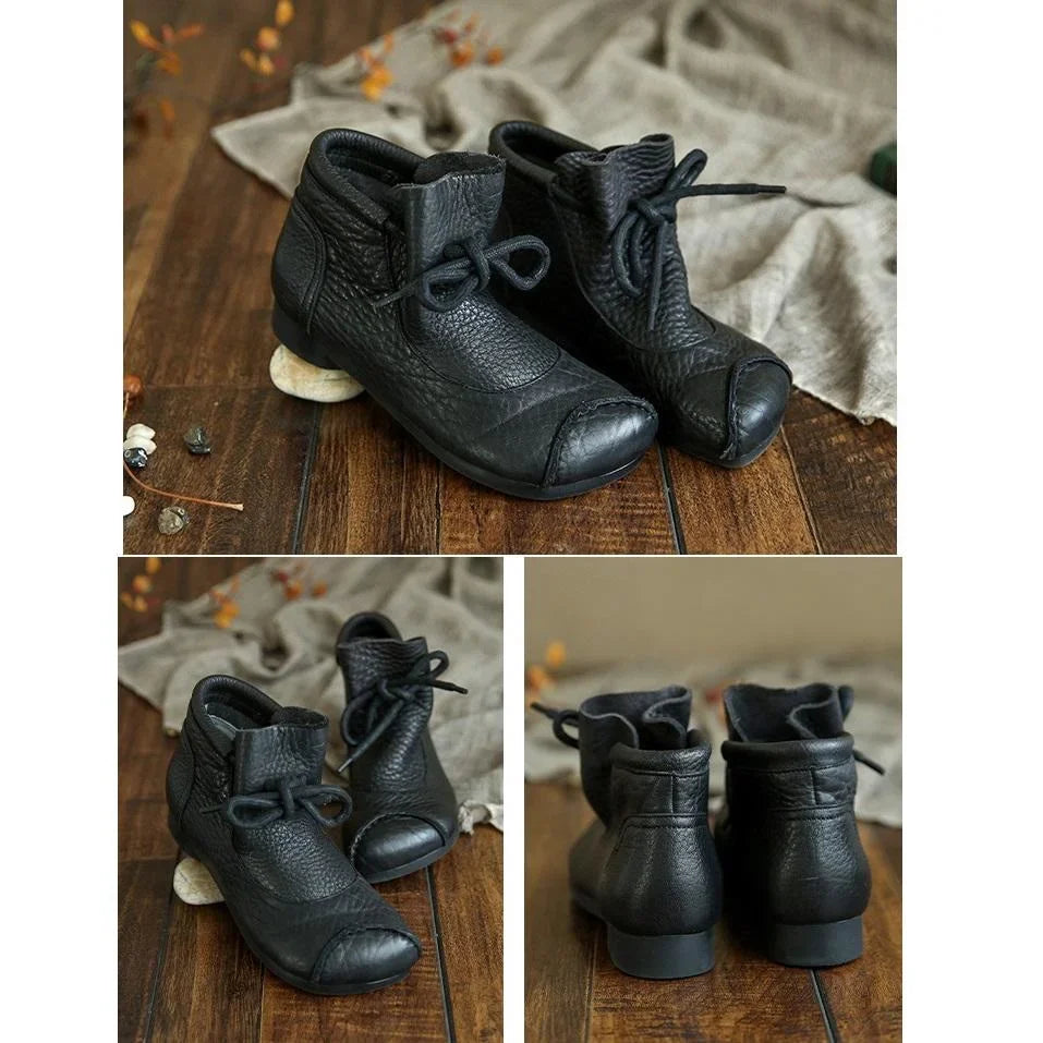 Women's comfort leather ankle boots with fuzzy lining and lace-up closure