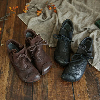 Women's comfort leather ankle boots with fuzzy lining and lace-up closure