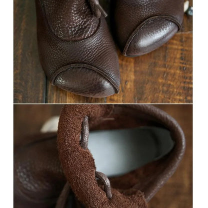 Women's comfort leather ankle boots with fuzzy lining and lace-up closure