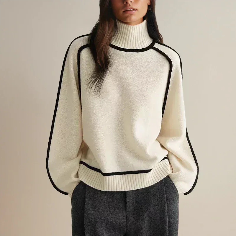 Women's contrast-trim turtleneck knit sweater with dropped shoulders