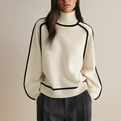 Women's contrast-trim turtleneck knit sweater with dropped shoulders