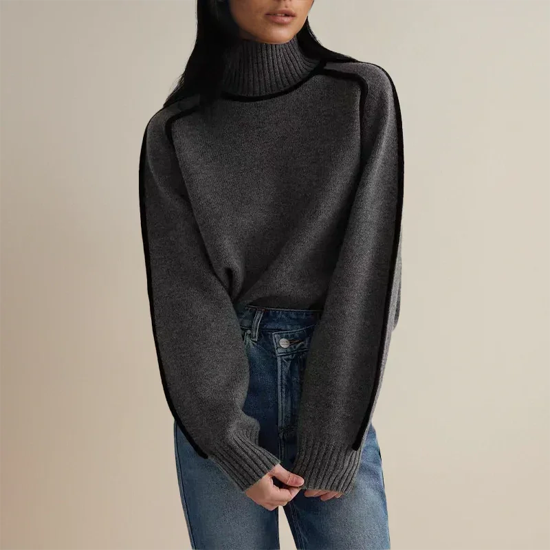 Women's contrast-trim turtleneck knit sweater with dropped shoulders