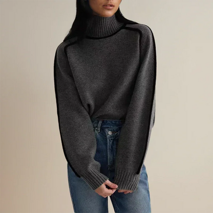 Women's contrast-trim turtleneck knit sweater with dropped shoulders