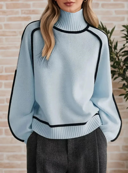 Women's contrast-trim turtleneck knit sweater with dropped shoulders – Blue