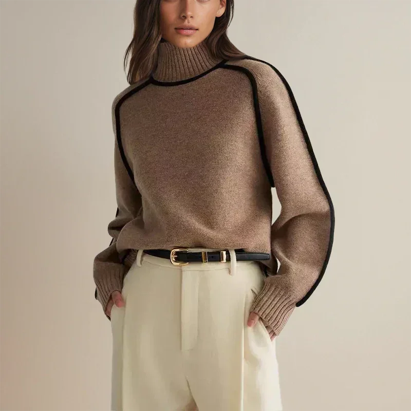 Women's contrast-trim turtleneck knit sweater with dropped shoulders – Brown