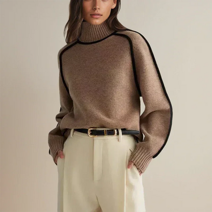 Women's contrast-trim turtleneck knit sweater with dropped shoulders – Brown