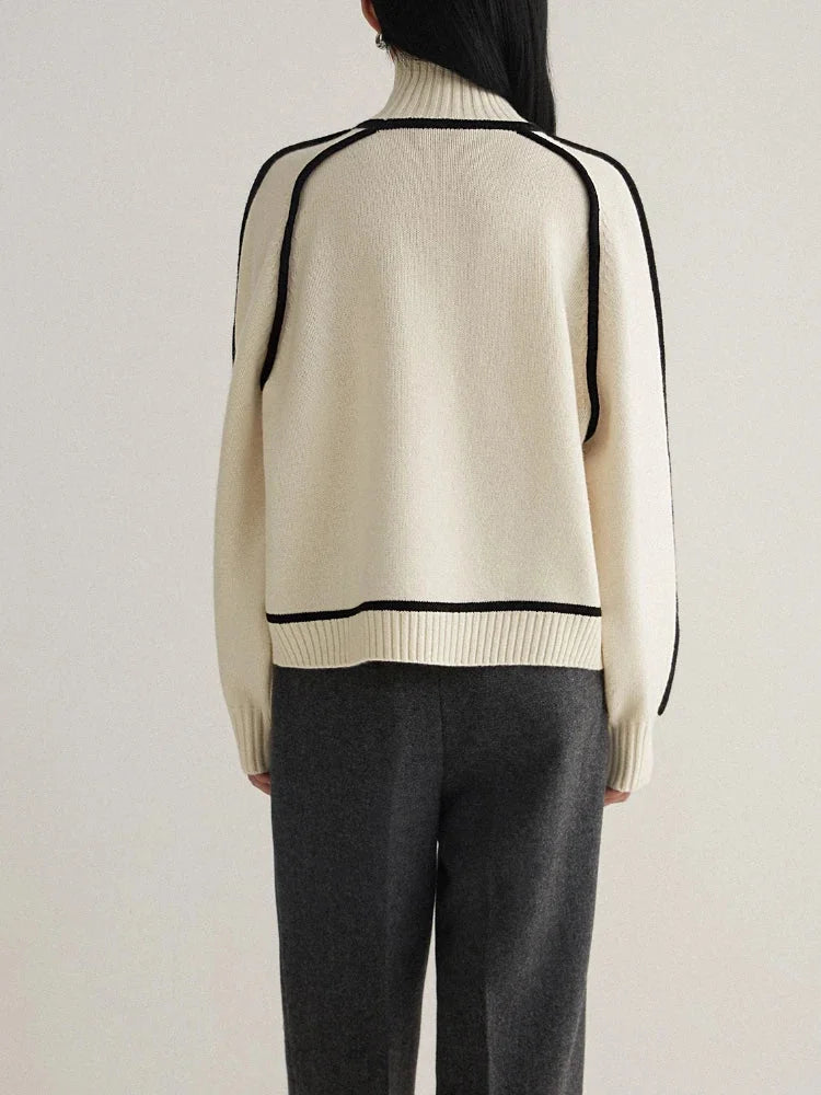Women's contrast-trim turtleneck knit sweater with dropped shoulders